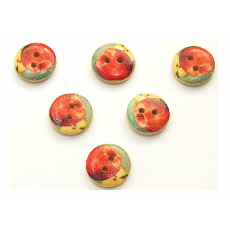 LOT 6 BOUTONS BOIS : rond thème fruit motif pomme 15mm 