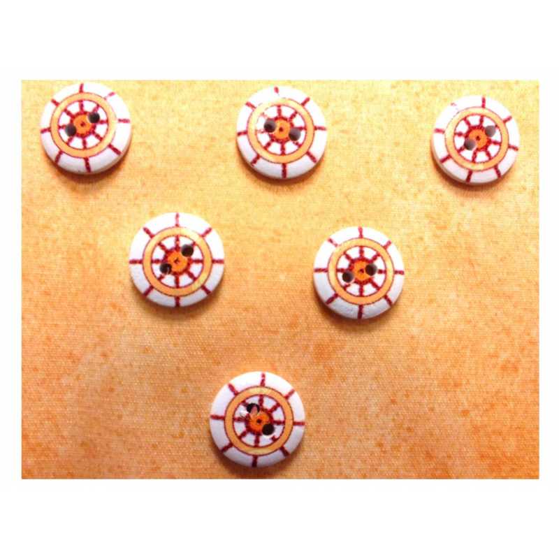 LOT 6 BOUTONS BOIS : rond thème mer motif barre 15mm (29) 