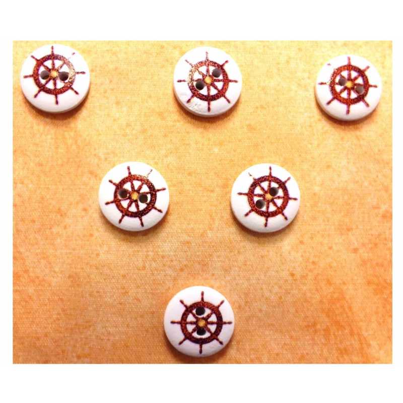 LOT 6 BOUTONS BOIS : rond thème mer motif barre 15mm (30) 