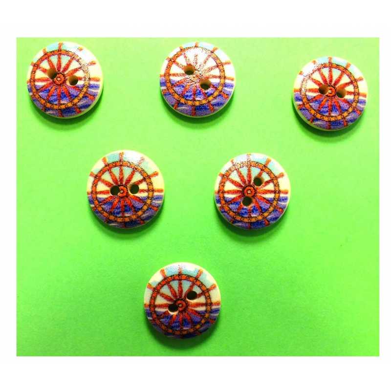 LOT 6 BOUTONS BOIS : rond thème mer motif barre 15mm (39) 