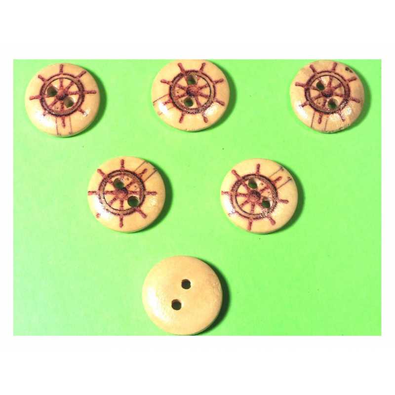 LOT 6 BOUTONS BOIS : rond thème mer motif barre 15mm (51) 