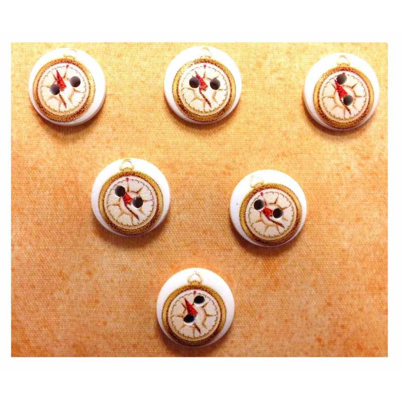 LOT 6 BOUTONS BOIS : rond thème mer motif boussole 15mm (57) 