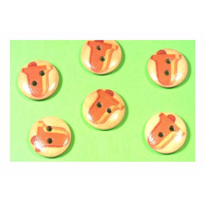 LOT 6 BOUTONS BOIS : rond thème mer motif cloche 15mm (54) 