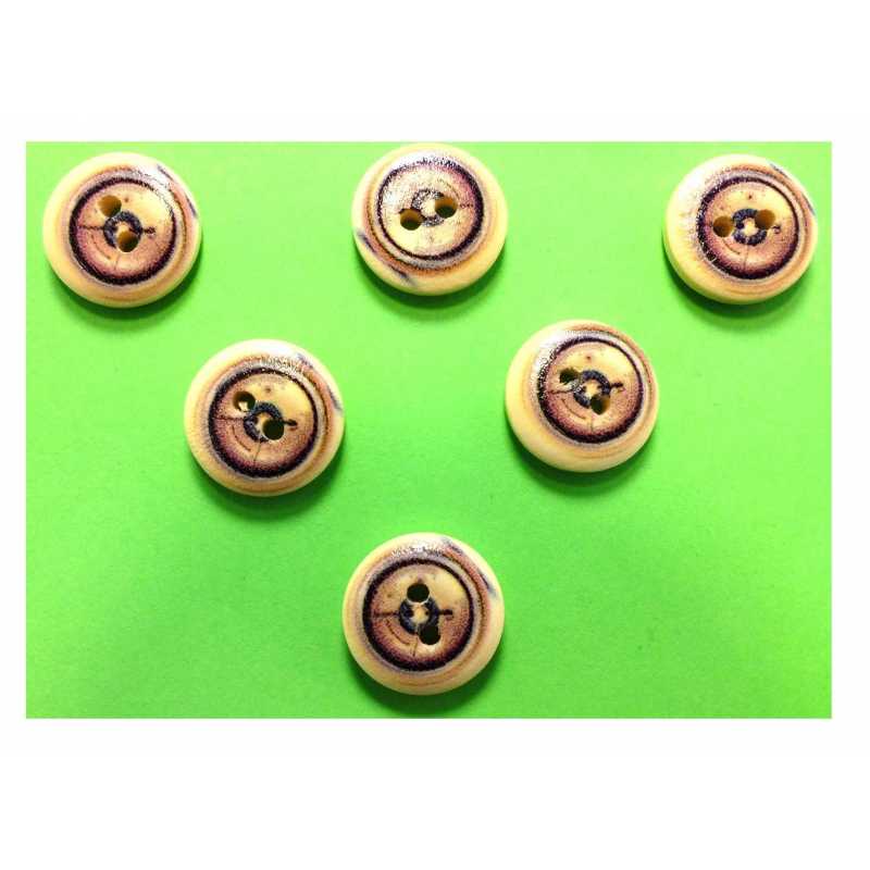 LOT 6 BOUTONS BOIS : rond thème mer motif hublot 15mm (31) 