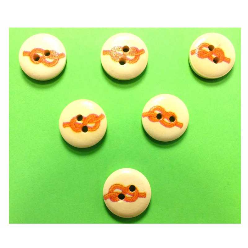 LOT 6 BOUTONS BOIS : rond thème mer motif noeud 15mm (36) 