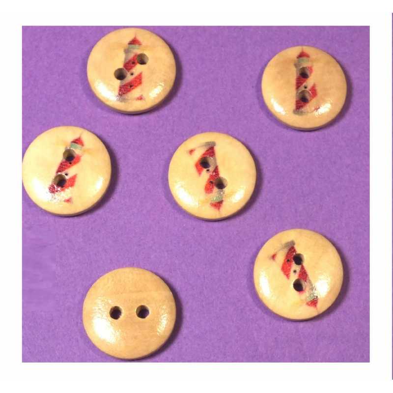 LOT 6 BOUTONS BOIS : rond thème mer motif phare 15mm (55) 