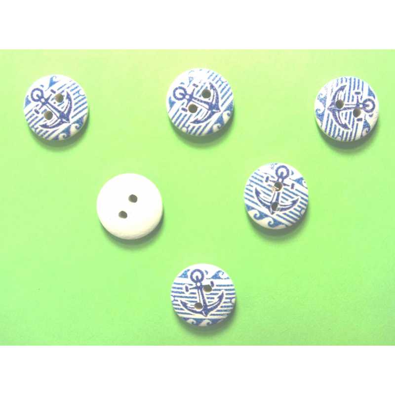 LOT 6 BOUTONS BOIS : rond thème mer 15mm (43) 