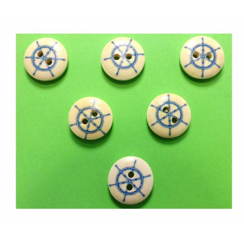LOT 6 BOUTONS BOIS : rond thème mer motif barre 15mm (01) 