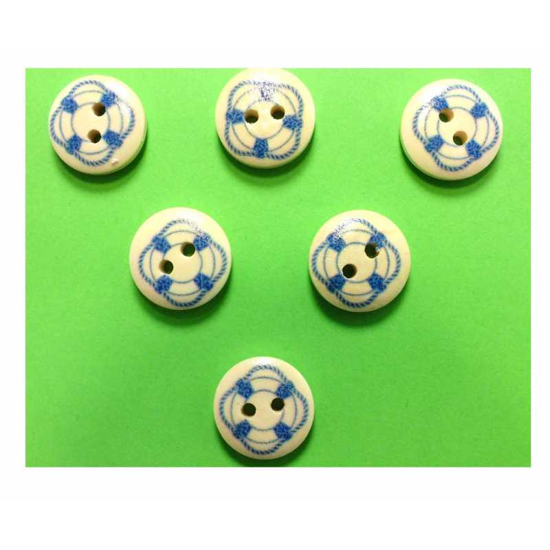 LOT 6 BOUTONS BOIS : rond thème mer motif bouée 15mm (03) 