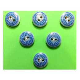 LOT 6 BOUTONS BOIS : rond thème mer motif boussole 15mm (05) 