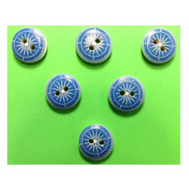 LOT 6 BOUTONS BOIS : rond thème mer motif boussole 15mm (05) 