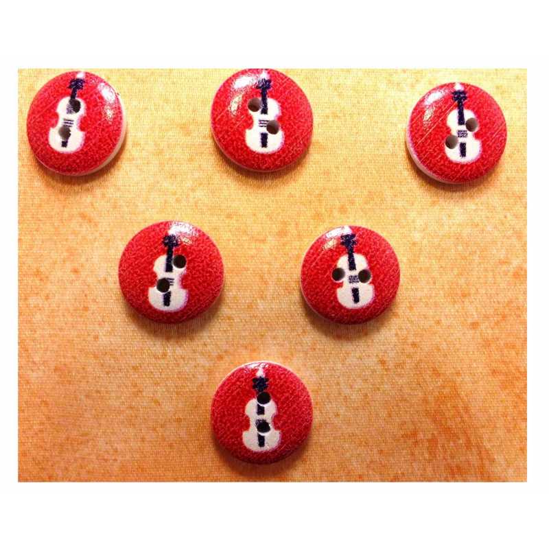 LOT 6 BOUTONS BOIS : rond thème musique motif guitare 15mm (03) 
