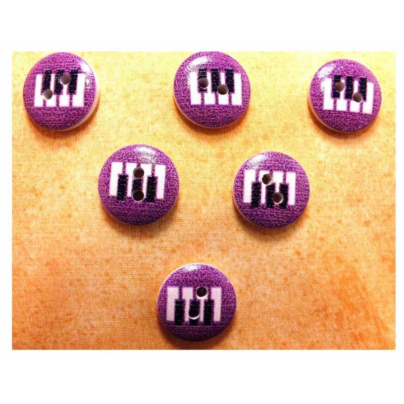 LOT 6 BOUTONS BOIS : rond thème musique motif piano 15mm (08) 
