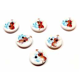 LOT 6 BOUTONS BOIS : rond thème musique motif violon 15mm (10) 
