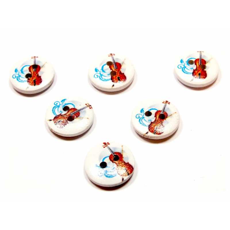 LOT 6 BOUTONS BOIS : rond thème musique motif violon 15mm (10) 