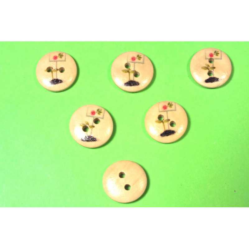 LOT 6 BOUTONS BOIS : rond thème jardin motif  pancarte de semis 15mm (09) 