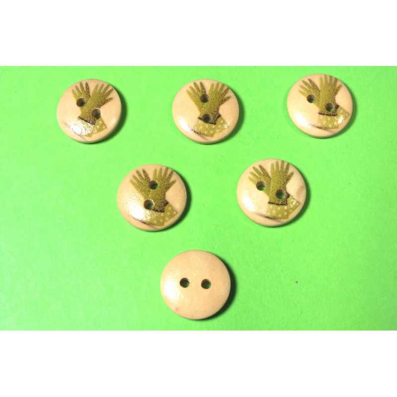 LOT 6 BOUTONS BOIS : rond thème jardin motif  gant de jardin 15mm (08) 