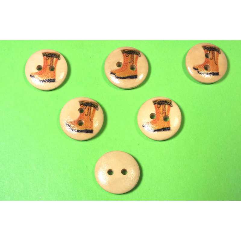 LOT 6 BOUTONS BOIS : rond thème jardin motif  botte 15mm (04) 