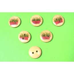 LOT 6 BOUTONS BOIS : rond thème jardin motif  jardinière 15mm (07) 