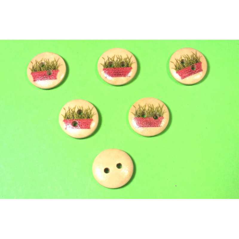 LOT 6 BOUTONS BOIS : rond thème jardin motif  jardinière 15mm (07) 
