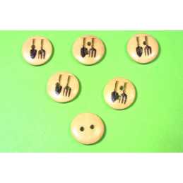 LOT 6 BOUTONS BOIS : rond thème jardin motif  outils 15mm (03) 