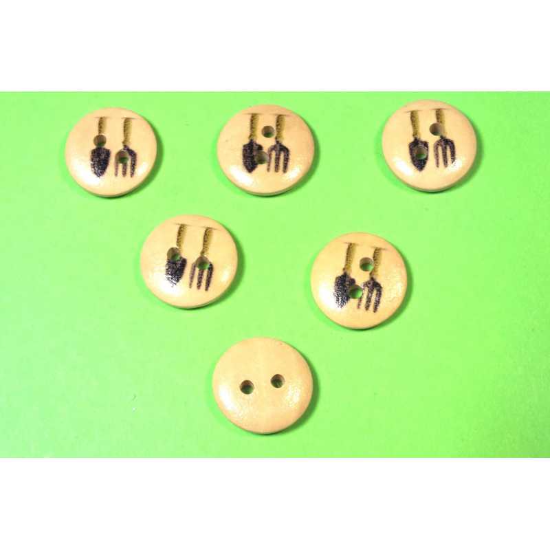 LOT 6 BOUTONS BOIS : rond thème jardin motif  outils 15mm (03) 