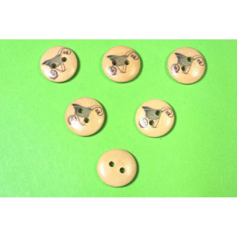 LOT 6 BOUTONS BOIS : rond thème jardin motif  brouette 15mm (05) 