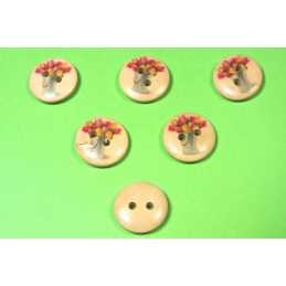 LOT 6 BOUTONS BOIS : rond thème jardin motif bouquet fleurs 15mm (02) 