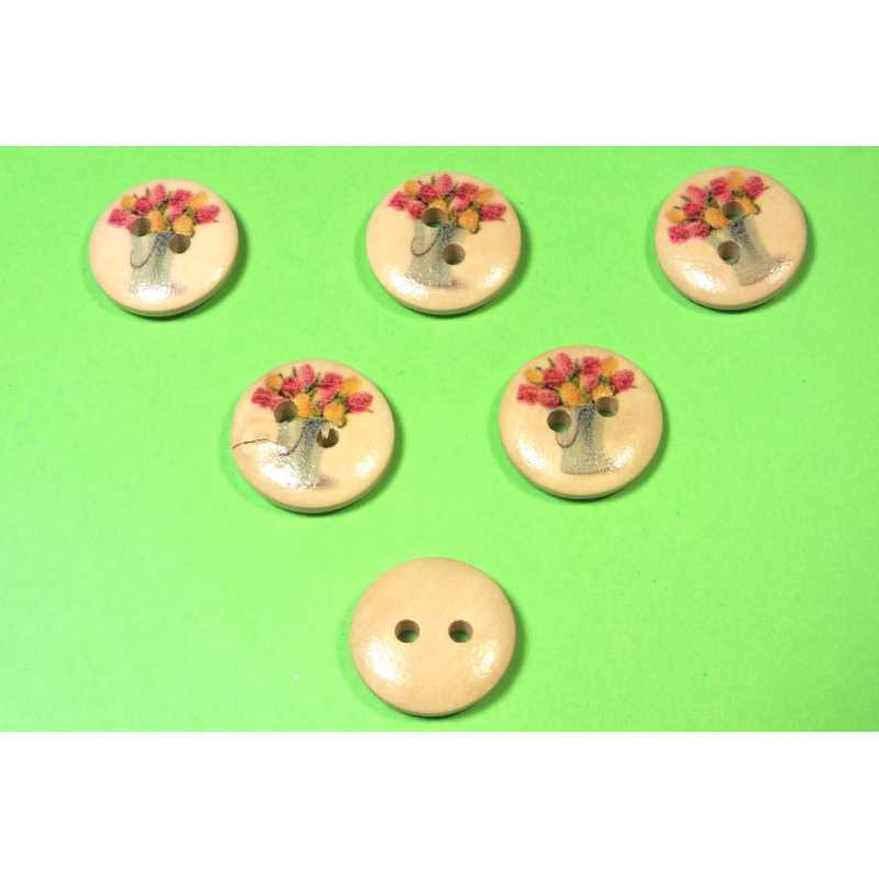 LOT 6 BOUTONS BOIS : rond thème jardin motif bouquet fleurs 15mm (02) 