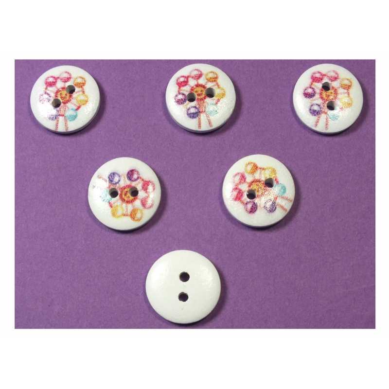 LOT 6 BOUTONS BOIS : rond thème fête forraine 15mm (05) 