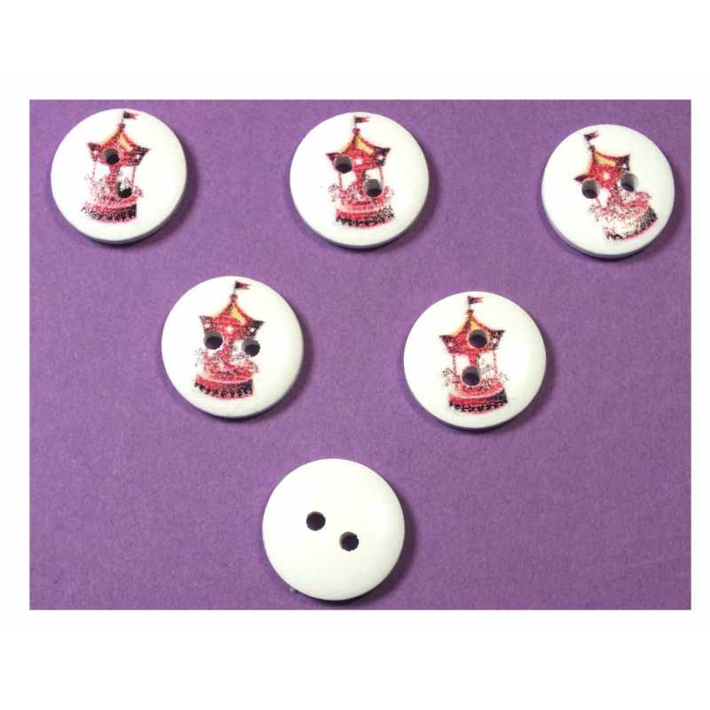 LOT 6 BOUTONS BOIS : rond thème fête forraine 15mm (07) 
