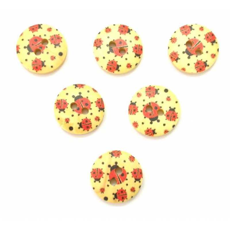 LOT 6 BOUTONS BOIS : rond motif coccinelle 15mm (01) 
