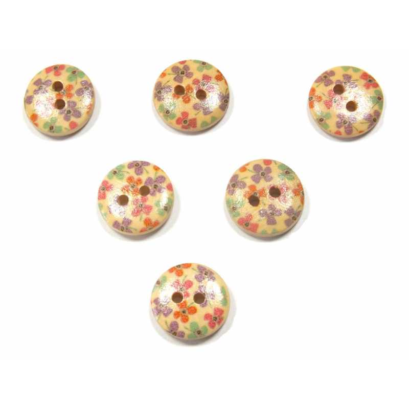 LOT 6 BOUTONS BOIS : rond motif fleur 15mm (158) 