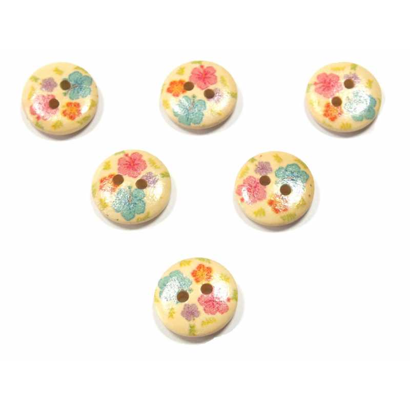 LOT 6 BOUTONS BOIS : rond motif fleur 15mm (159) 