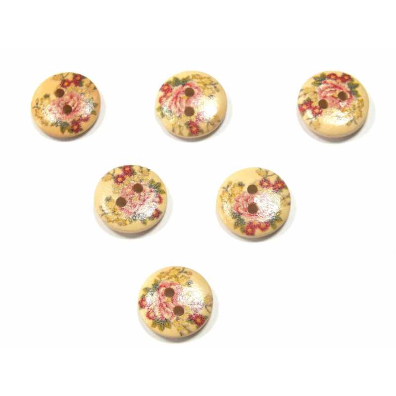 LOT 6 BOUTONS BOIS : rond motif fleur 15mm (161) 