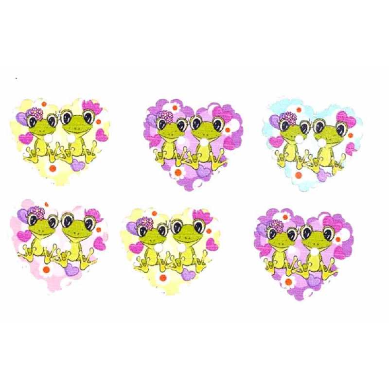 LOT 6 BOUTONS BOIS : coeur motif grenouille 25*23mm  
