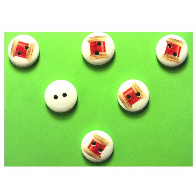 LOT 6 BOUTONS BOIS : rond thème mercerie bobine fil 15mm (19) 