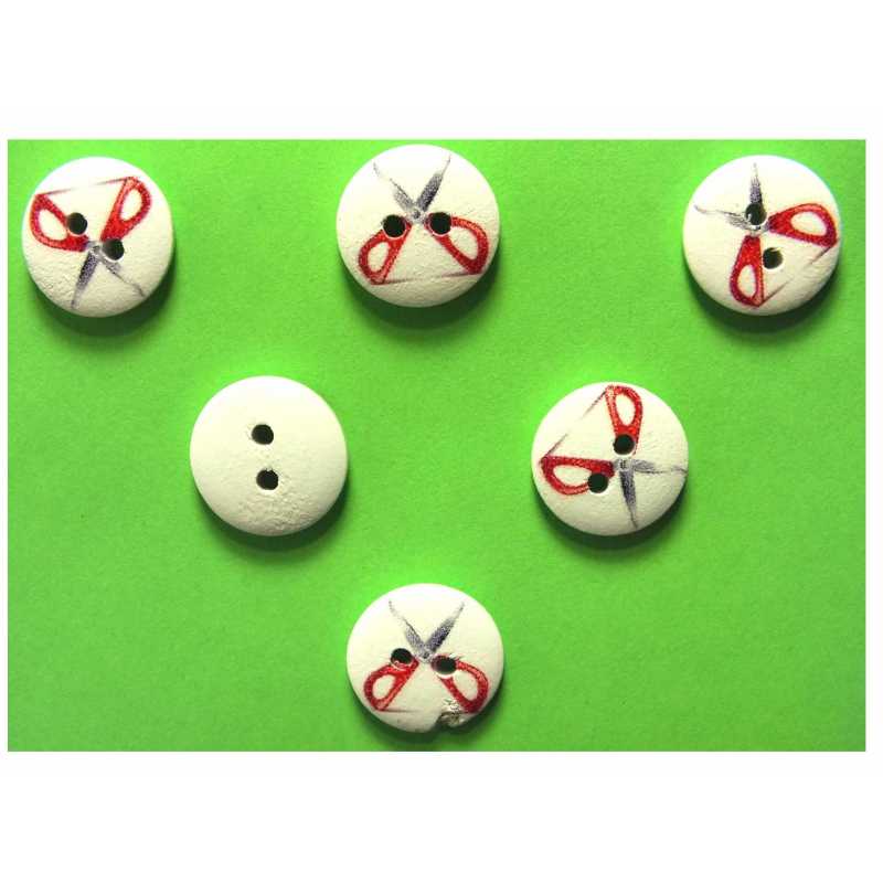 LOT 6 BOUTONS BOIS : rond thème mercerie ciseau 15mm (16) 