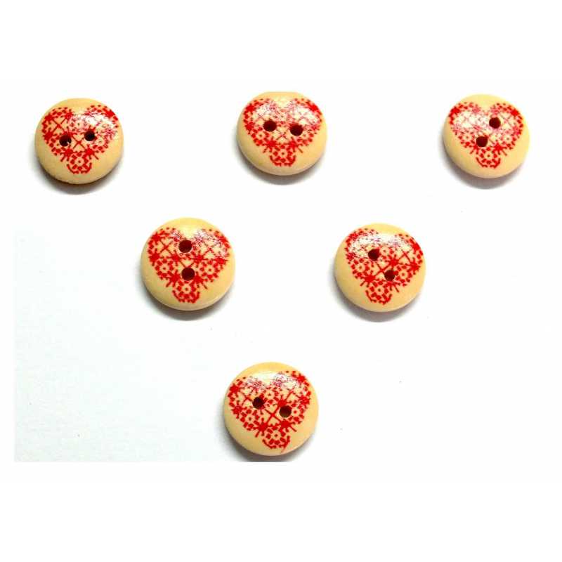 LOT 6 BOUTONS BOIS : rond thème coeur 15mm (03) 