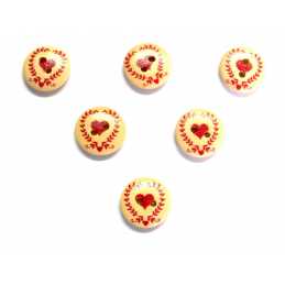 LOT 6 BOUTONS BOIS : rond thème coeur 15mm (07) 