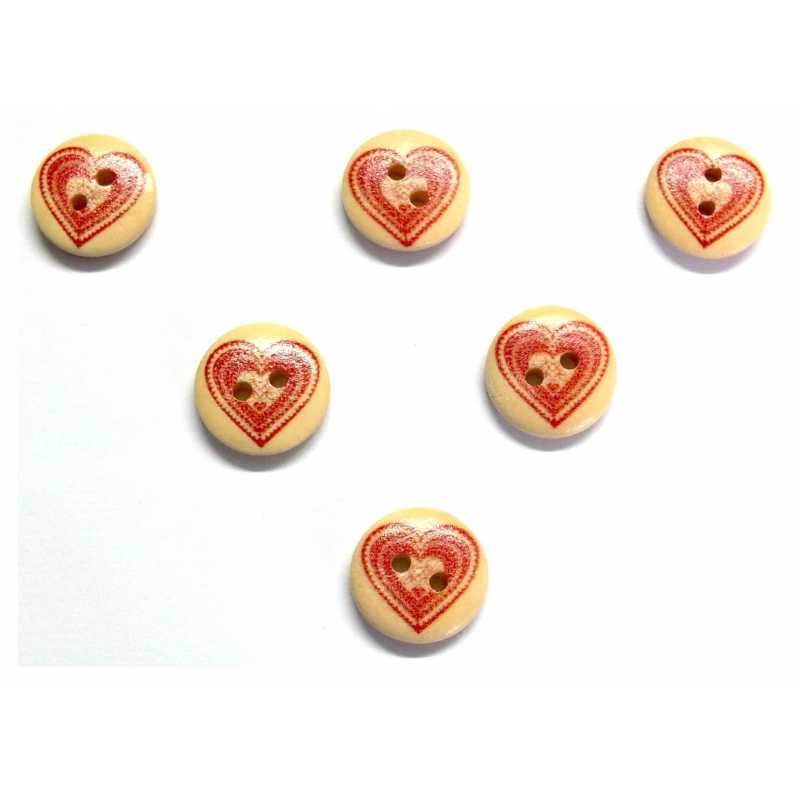 LOT 6 BOUTONS BOIS : rond thème coeur 15mm (08) 