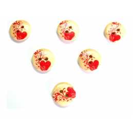 LOT 6 BOUTONS BOIS : rond thème coeur 15mm (09) 