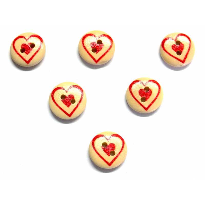 LOT 6 BOUTONS BOIS : rond thème coeur 15mm (01) 