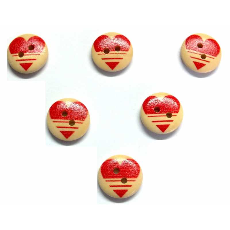 LOT 6 BOUTONS BOIS : rond thème coeur 15mm (04) 