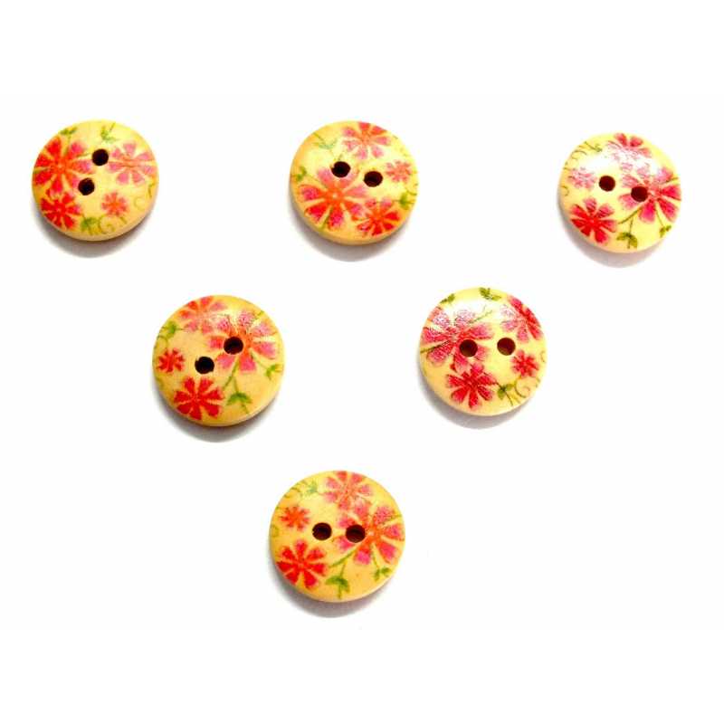 LOT 6 BOUTONS BOIS : rond motif fleur 15mm (10bis) 