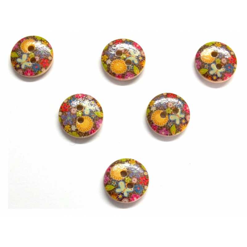 LOT 6 BOUTONS BOIS : rond motif fleur 15mm (62) 