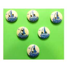 LOT 6 BOUTONS BOIS : rond thème mer motif voilier 15mm (04) 
