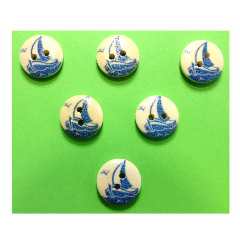 LOT 6 BOUTONS BOIS : rond thème mer motif voilier 15mm (04) 