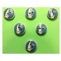 LOT 6 BOUTONS BOIS : rond thème mer motif voilier 15mm (06) 