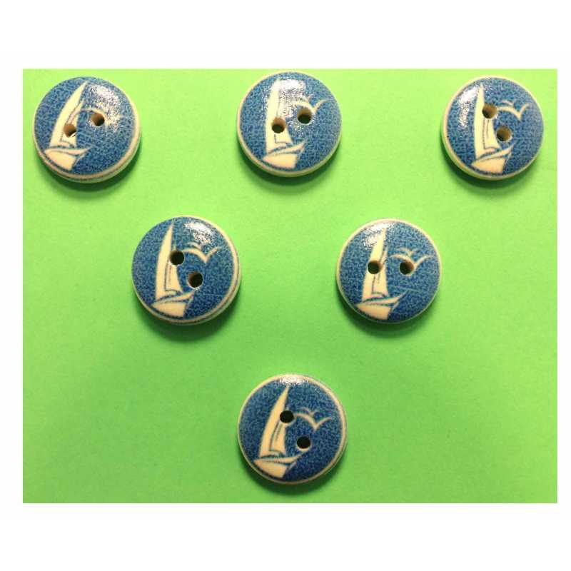 LOT 6 BOUTONS BOIS : rond thème mer motif voilier 15mm (06) 